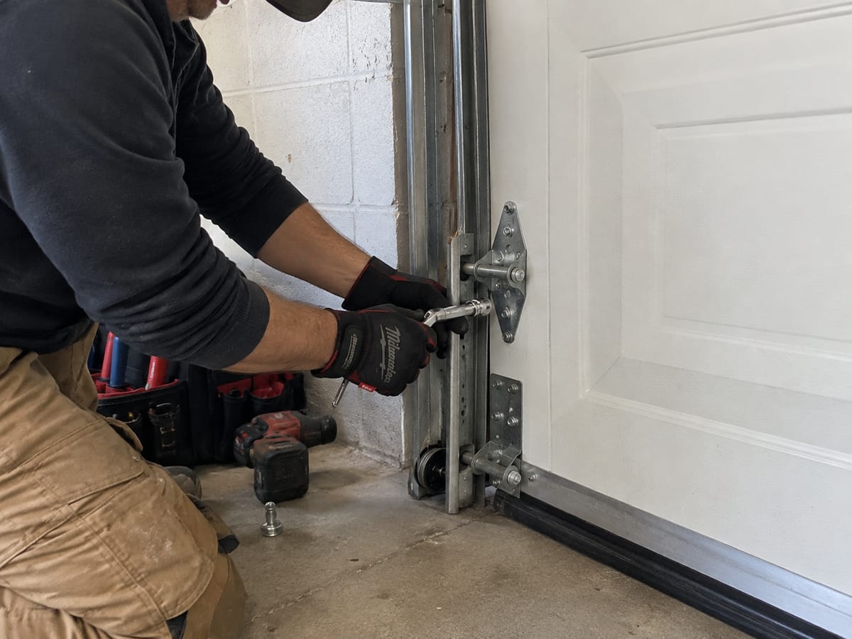 Technician adjusting hardware along the side of a garage door