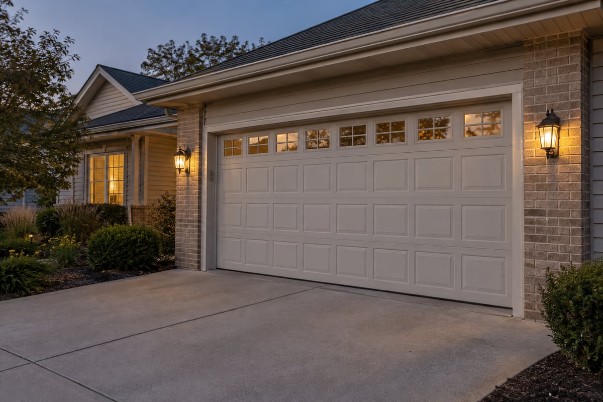 Closed garage door illuminated at dusk