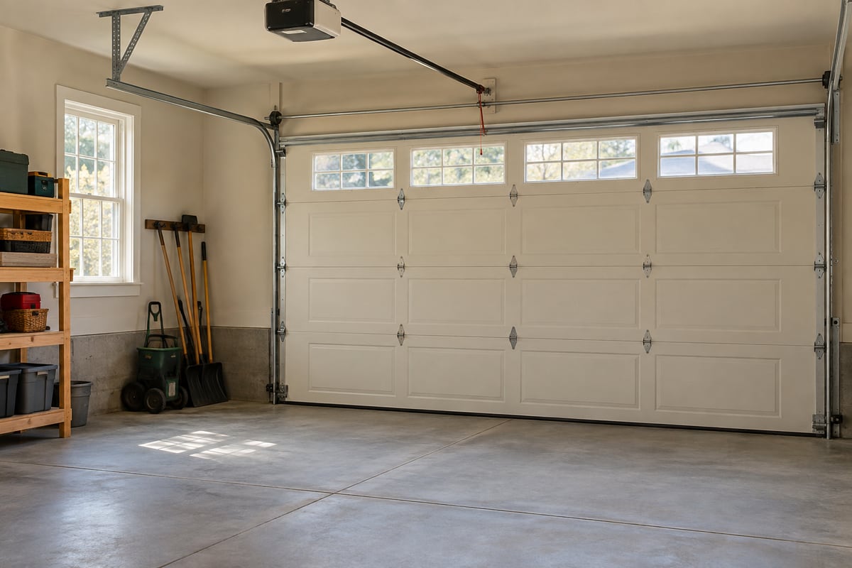 A residential garage interior and closed sectional door