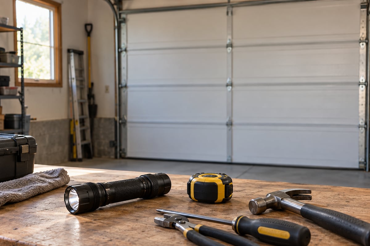Inspection tools arranged on a garage workbench