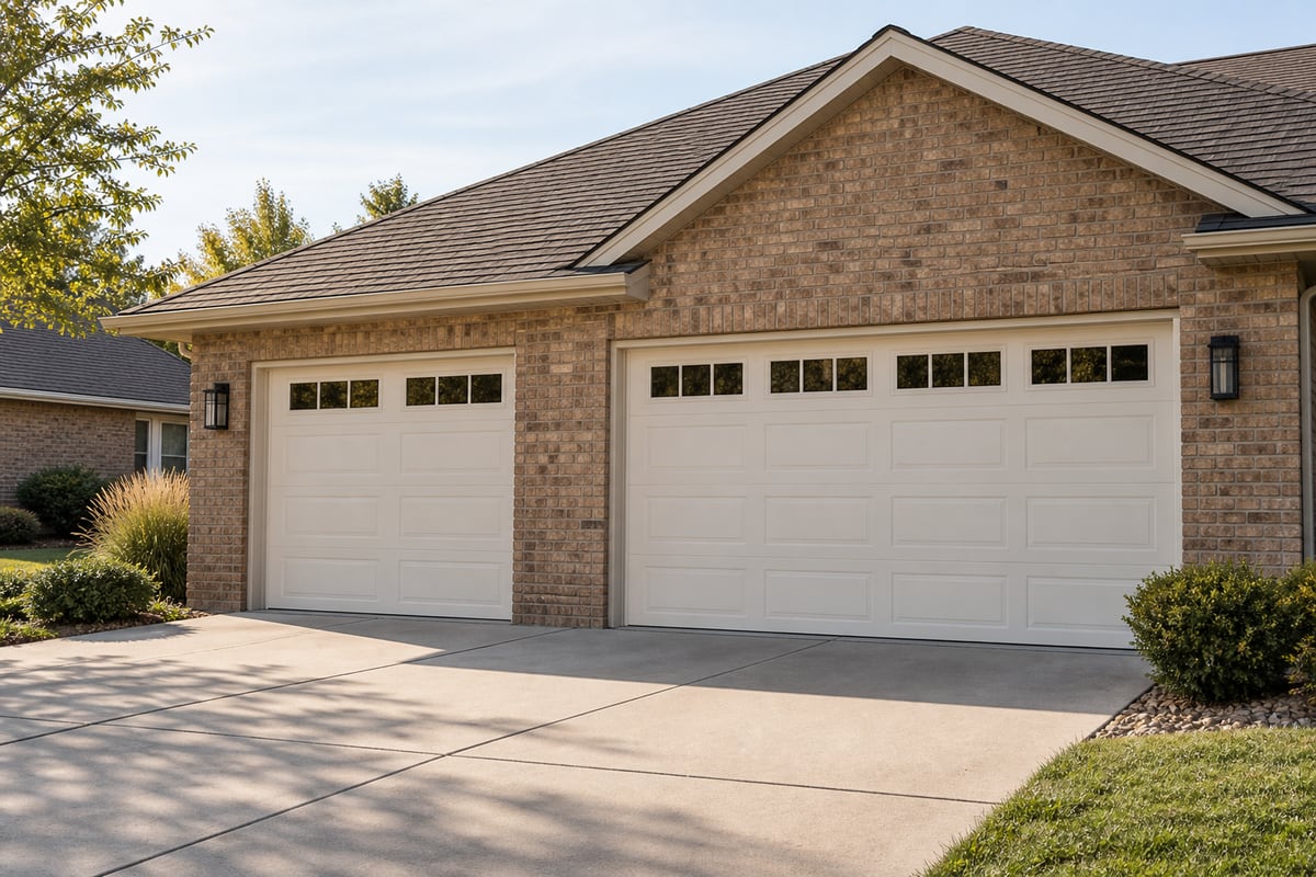 Two white sectional garage doors on a brick home