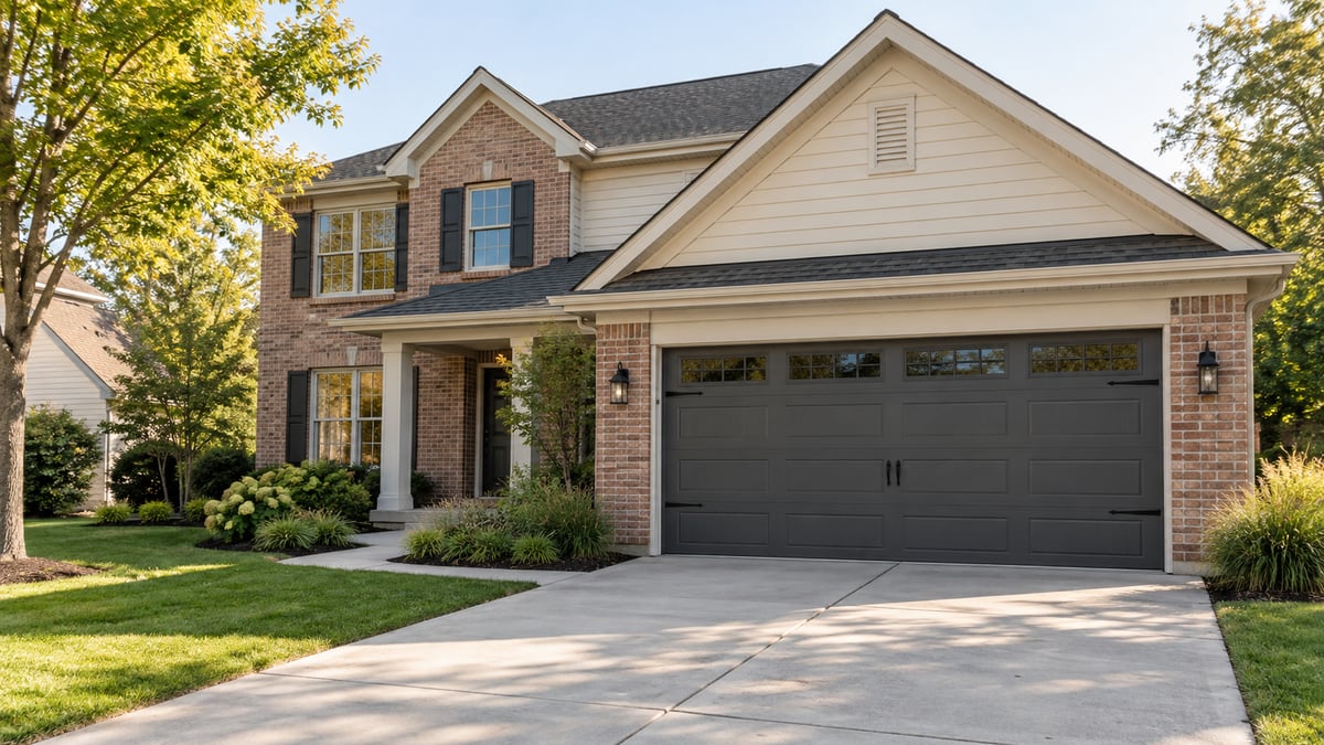 Charcoal sectional garage door on a brick and siding home