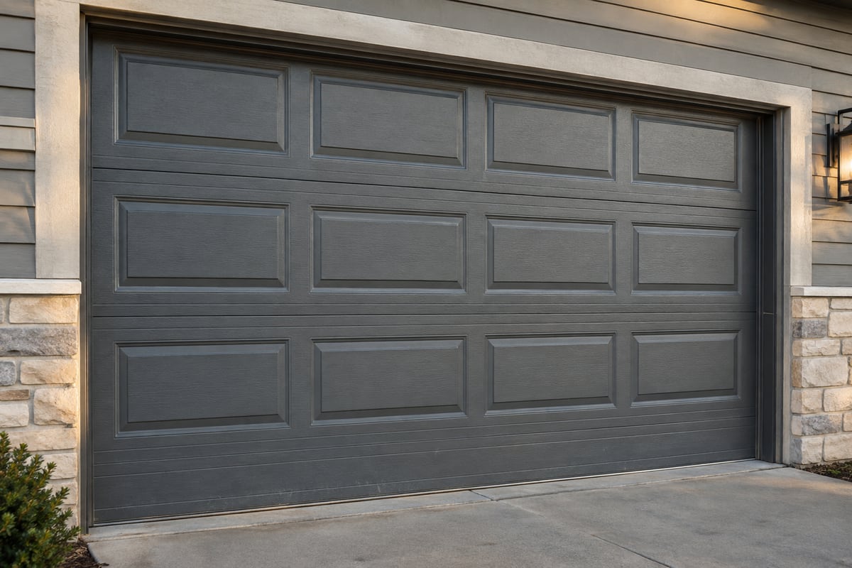 Aligned sections of a charcoal garage door